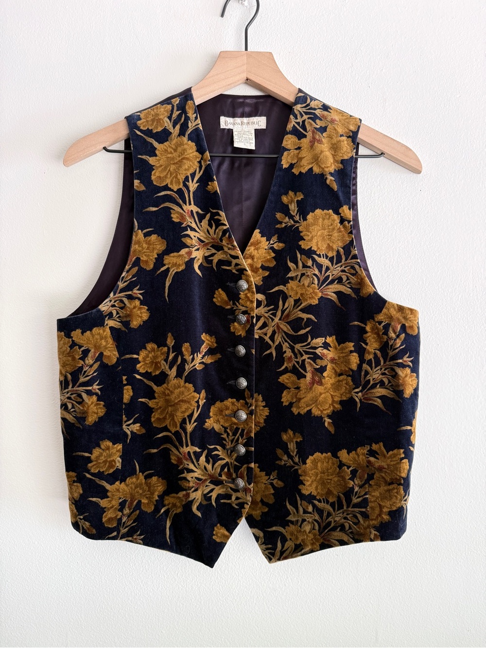 Banana Republic Velvet Rib Vest Vintage 90s Floral Navy Gold Boho Chic Size S